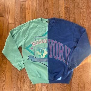 twin toned blue and teal graphic vintage inspired crewneck